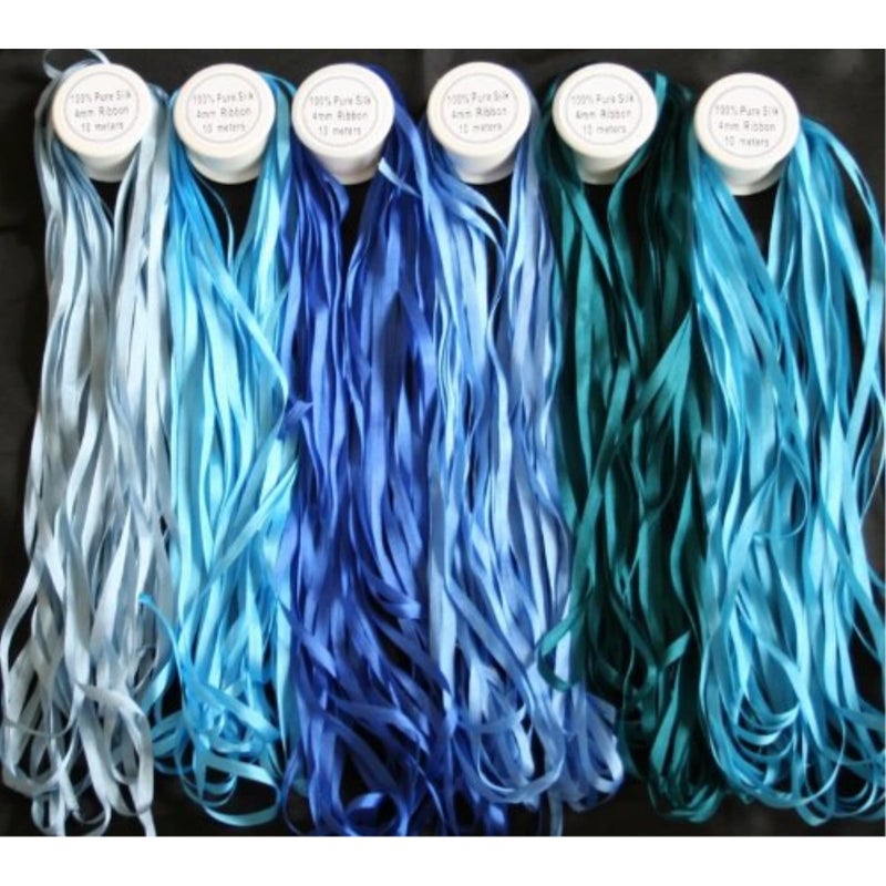 New ThreadNanny 6 Spools of 100% Pure Silk Ribbons - Blue Tones - 60 mts x 4mm